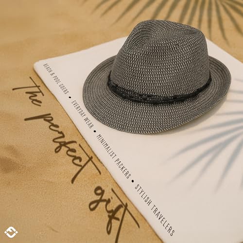 Funky Junque Straw Fedora Hats for Women - UPF 50+ Sun Hat, Short Brim Packable Beach Hat with Woven Pattern - color: Black Multi W/ Beaded Ropes