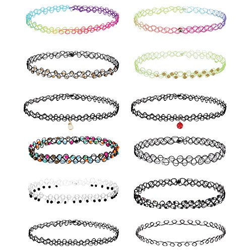 BodyJ4You 12PC Tattoo Choker Necklace for Women - 90s Choker Necklaces Y2K Fashion Trendy Vintage - Emo Black Choker Rainbow Pink White Purple Neon Green Blue Daisy Flower - color: Black, Rainbow, Green