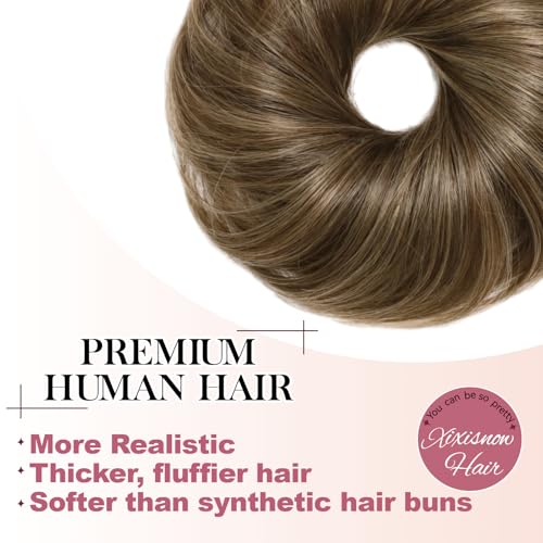 Messy Bun Hair Piece Human Hair, Real Buns for Women, Ashy Blonde Scrunchie Updo Hairpieces, Natural Fake Bun Extension, Faux Wig Donut Chignon, Lightweight 25g Thick Wavy Hairpiece - color: Ashy Bronde