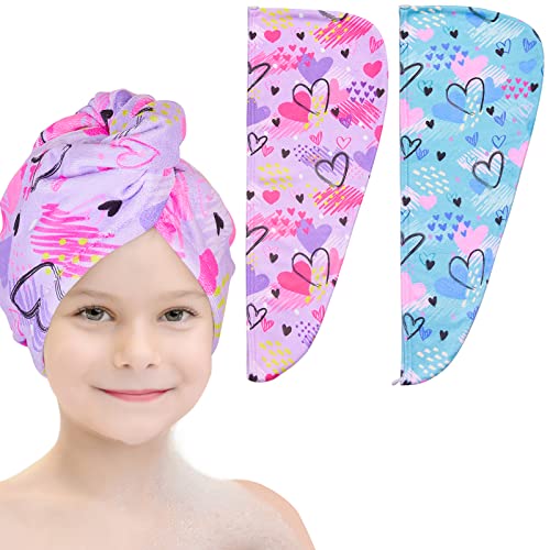 Basumee Microfiber Hair Towel Wrap for Kids 2 Pack Rapid Drying Hair Towel with Button Hair Turbans for Wet Hair Wraps Head Towel Wrap for Women and Girls, Blue and Purple Love - color: Blue and Purple Love