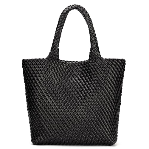 BAGOK Woven Tote Bag for Women, Handwoven Vegan Leather Shoulder Bag with Clutch, Large Tote for Work, Travel & Beach - color: Black