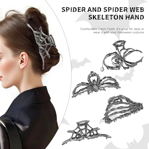 3Pack Metal Black Spider Web hair clips Skeleton Hand Skull Hair Clips for Women And Girls,Goth Accessories for Thick Hair, Claw Clips Hair Accessories Halloween Christmas Gift (Black 3Pcs) - color: Black 3Pcs