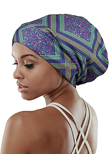 Adjustable Satin Lined Sleep Cap for Dreadlocks Curly Hair Large Head-Stay On Overnight - color: Purple Green