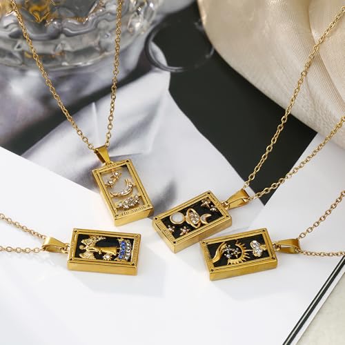 Gold Tarot Card Necklace for Women Men, Non Tarnish 18K Gold Plated Vintage Lucky Charm Square Pendant Talisman Amulet Necklaces Unisex Jewelry - style: Temperence