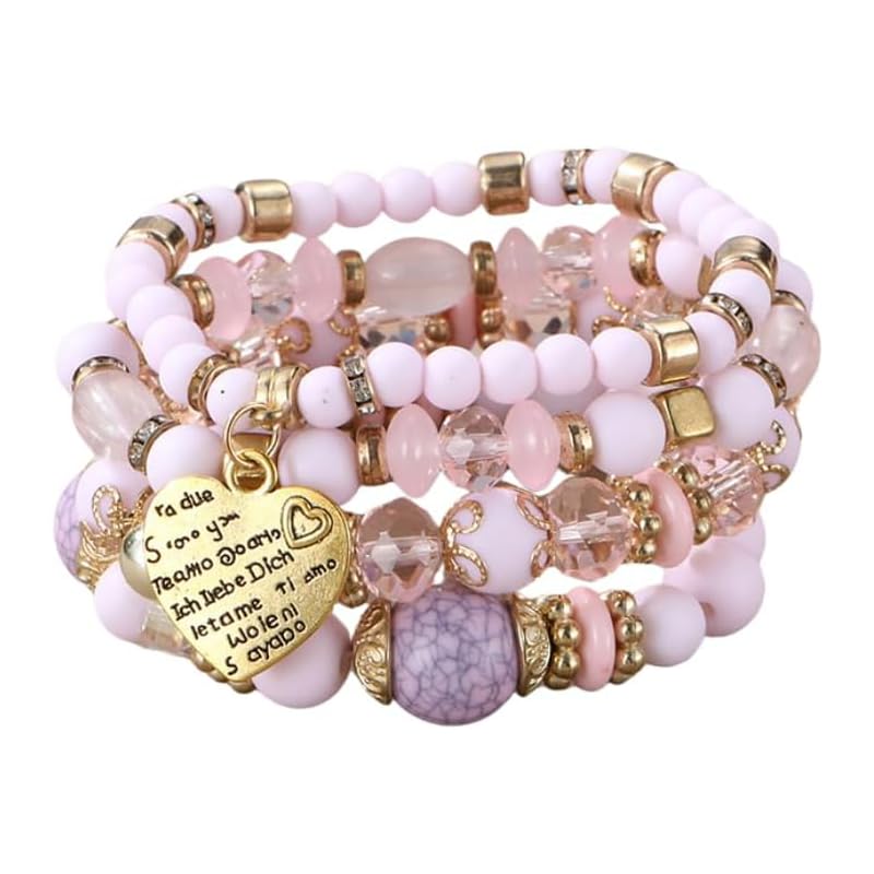 Nyx&lvy Pink Crystal Beaded Stretch Bracelet Set with Gold Heart Charm, Multi-Strand Fashion Jewelry for Women - style: pink