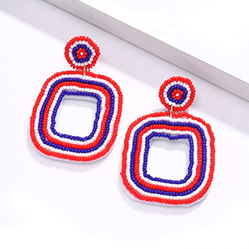 Beaded Drop Earrings Multicolored Seed Bead Earrings for Women Bohemia Statement Square Bead Hoop Dangle Earrings for Wedding Party Vacation - color: Red White Blue