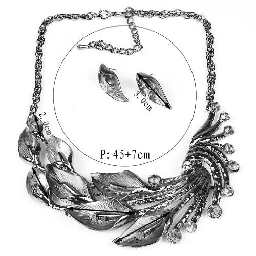 YAZILIND Ethnic Style Tibetan Silver Peacock Crystal Chunky Bib Earrings Necklace Set Wedding Party - color: Green