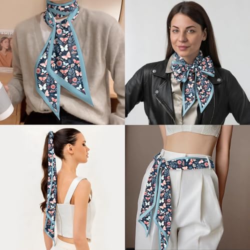 Head Hair Scarf Neck Silk Feeling Scarves Long Thin Satin Fashion Handbag Cute Decoration Women Girls 59 * 6.7'' - color: O-9-butterfly Flower