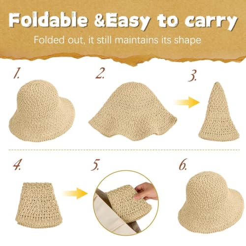 Sun Hat for Women Beach Hat Straw Bucket Hat Summer UV Protection, Packable Breathable Crochet Style - color: 1pack-beige