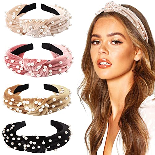 DRESHOW 4 Pack Velvet Pearl Headbands for Women Girls Bow Turban Vintage Boho Head Bands Wraps Hoop Hair Accessories Gift - color: 4 Pack Velvet Pearl Headbands