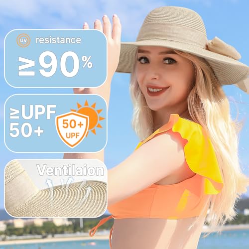 Beach Hats for Women - Beach Hat Womens UPF 50+, Packable Sun Hat Women Roll Up, Wide Brim Straw Hat for Women - color: Beige