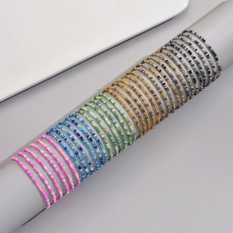 Caiyao 36Pcs Colorful Elastic Seed Beaded Bracelets Set Bohemia Multilayer Rainbow Beaded Stretch Bracelet Anklet Adjustable Glass Beads Wristbands for Women Summer Beach Boho Vaction Jewelry - style: StyleE