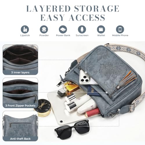 Crossbody Bags for Women, Vegan Leather Medium Crossbody Purse, Spacious Daily Travel Shoulder Bag with Boho Strap - color: Blue