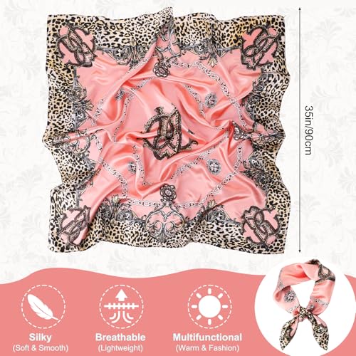 JATEBI 27''/35'' Women Large Satin Scarf Silk Feel Square Wraps Big Hair Bandanas Vintage Print Solid Color Bandana Scarves - color: Beige, Blue, Pink, Red, Green, Military Green Chain Leopard, size: 35'' Large