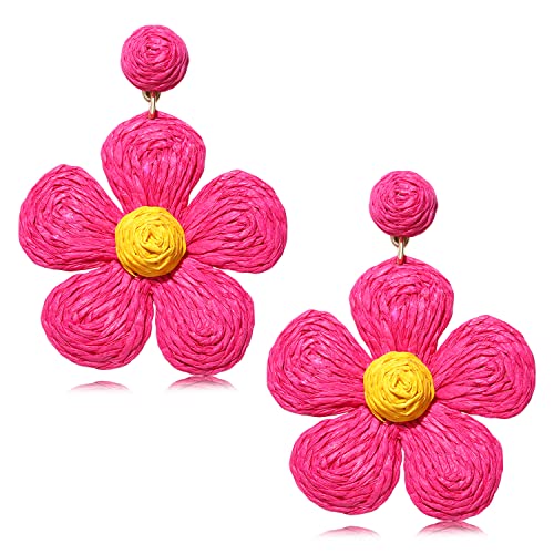 Rattan Earrings for Women Statement Boho Raffia Straw Wrapped Flower Drop Dangle Earrings Summer Tropical Beach Jewelry - color: Hot Pink