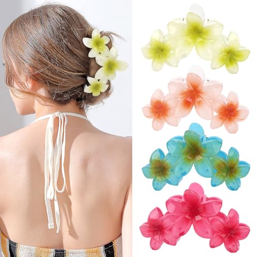 4PCS Flower Hair Clips Claw Clips for Thick Hair Non-Slip Strong Hold Flower Clip Cute Plumeria Hair Clips for Women Girls (Colorful) - color: Multi-colored-D