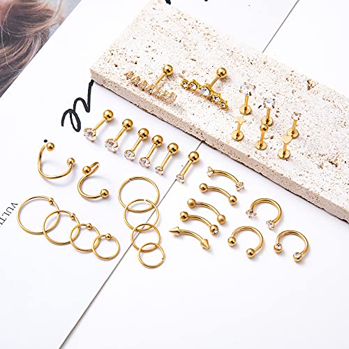 REVOLIA 32Pcs Stainless Steel Cartilage Stud Earrings for Women Conch Helix Tragus Daith Conch Hoop Earing Piercing Jewelry Set - color: Gold-tone