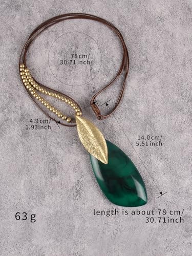 GelConnie Long Necklaces for Women Boho Large Pendant Necklace Casual Bohemian Brown Leather Choker Sweater Circle Statement Stone Necklace - style: Green Leave Gold Necklace