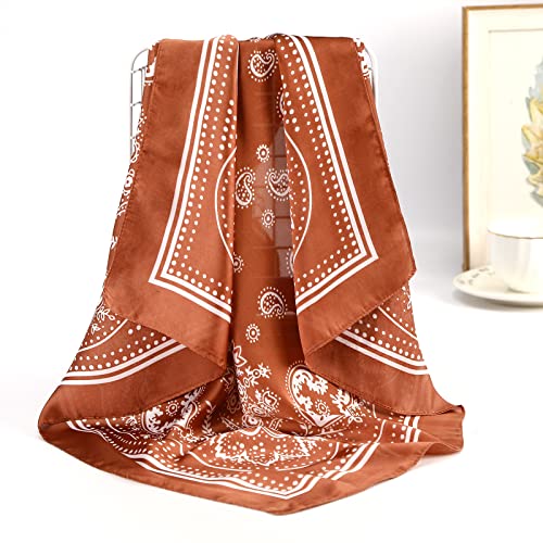 AWAYTR 27.5” Silk Satin Square Head Scarf - 4PCS Satin Head Scarves for Women Hair Kerchief Bandanas Sleeping Head Wraps - color: Cashew( Black+orange+camel+grey)