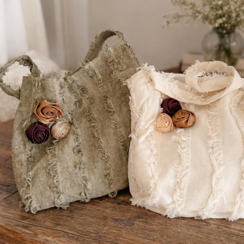 Boho Shoulder Bag for Women, Vintage Floral Tote Purse with Rosette Ribbon Detail and Inner Zipper Pocket