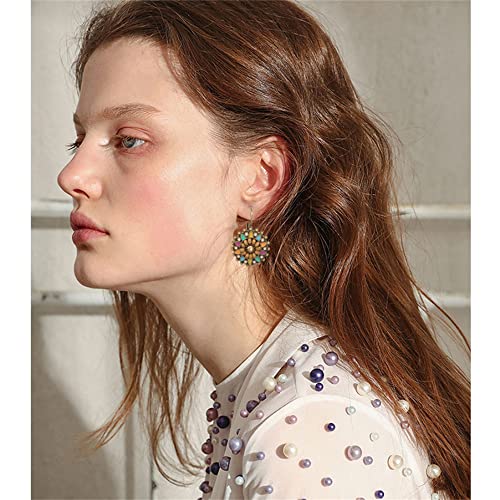 Unique Bohemian Vintage Sparkly Crystal Colorful Round Flower leverback earrings Boho Retro Bronze Circle Beaded Flower Floral Dangle Drop Earrings for Women - color: Colorful