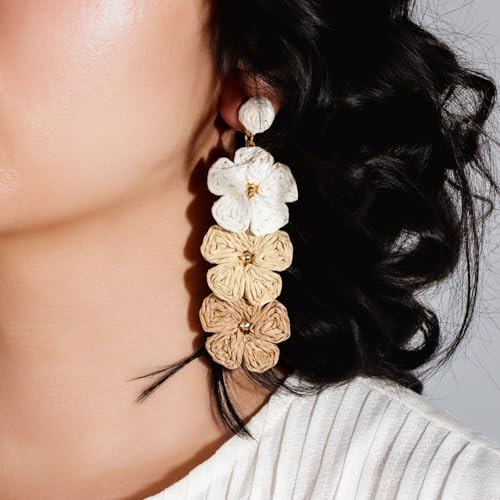 Boho Flower Earrings Statement Raffia Dangle Earrings Cute Floral Jewelry Trendy Summer Beach Vacation Outfits for Women - color: Ivory/Wheat