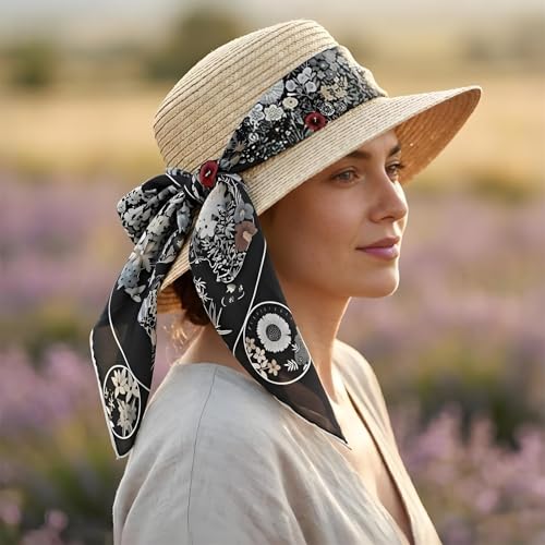 Premium Floral Scarf for Women 35x35 Square Silk Feel-Lightweight Scarves Headscarf Bandanas Wrapping Handbag - color: Botanical Mandala (Black/Monochrome)