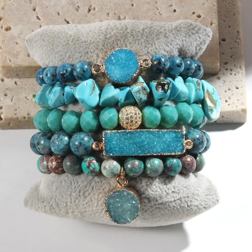 Yomisa 5PCS 6PCS Natural Boho Beaded Bracelets/Bangle for Women Men,Healing Turquoise Jasper Agate Crystal Gemstone Stone Chakra Multilayer Wrap Bohemian Handmade Jewelry Beads Stretch Bracelet Set - color: 5PCS-Blue