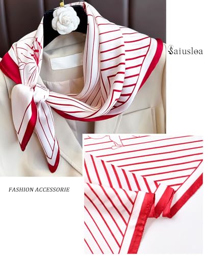 Saiusloa Neck Scarf For Womens Silky Head Scarves Hair Bandanas Square Scarf Fashion Accessories lightweight - color: 32-red and White Stripes