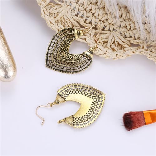 Boho Antique Carved Flower Dangle Drop Earrings for Women Vintage Retro Handmade Hollowed Antiqued Bronze Floral Shaped Geometric Gold Silver Plated Hoop Earrings for Ethnic Style Jewelry Gifts - color: Teardrop gold earring