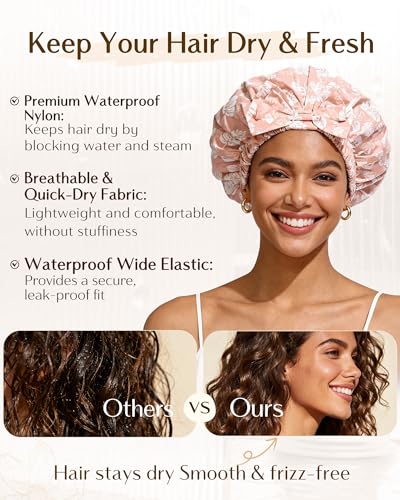 Yanibest Shower Cap Reusable Waterproof, Wide Elastic Band Bath Cap - Comfortable & Durable Bath Hair Hat for Women - color: Pink Leaves