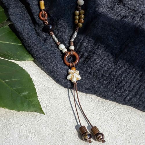 Boho Style Colorful Ceramic Bead Strand Necklace Adjustable Bohemian Jewelry Gift for Women, Fashion Clothing Matching Necklace - color: Beige and Brown