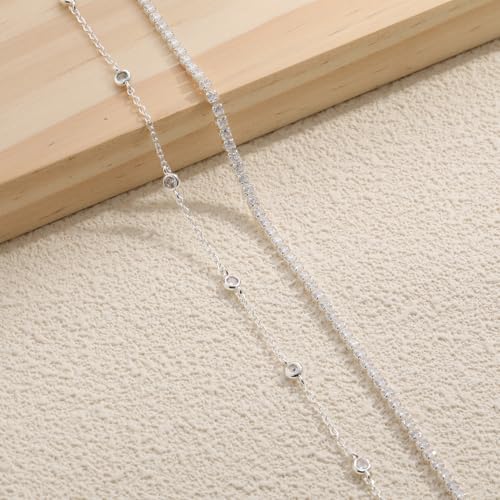 RLMOON Gold Silver Anklets for Women CZ Ankle Bracelet 14K Gold Plated Waterproof Layered Stackable Clover Butterfly Tennis Chain Anklet Trendy Summer Beach Foot Jewelry - color: D-CZ&Tennis Anklet-Silver