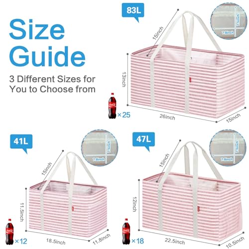 LHZK 2 Pack Utility Tote Bag with Metal Wire Frame and the Sides Rinforced, Large Tote Bag with Handle, Reusable Grocery Bags Foldable, Beach Bag, Car Tote (Pink, 18.5''x11.8''x11.5'') - color: Pink, size: 18.5''x11.8''x11.5''-2 Pack