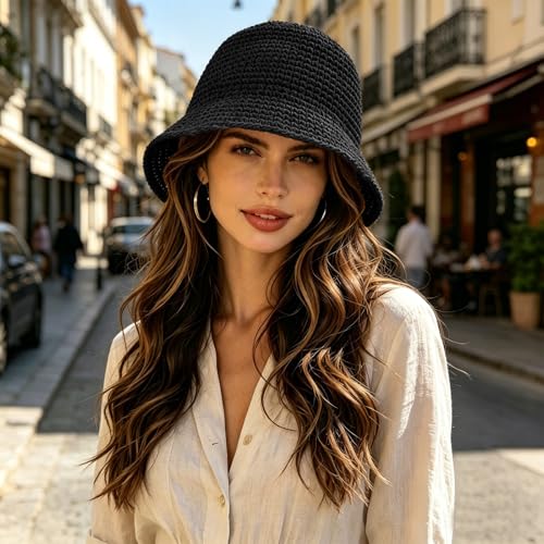 Straw Bucket Hat for Women Foldable Summer Beach Sun Hats Wide Brim Crochet Floppy Hat for Vacation Travel Shade & Style - color: Black-a