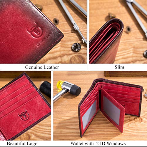 BULLCAPTAIN RFID Wallets for Men,Genuine Leather Wallet QB-05（Crimson ） | Slim,Bifold,Front Pocket Wallet, 2 ID Windows,11 Card Slots,RFID Blocking TechnologyGift Choice - color: Crimson
