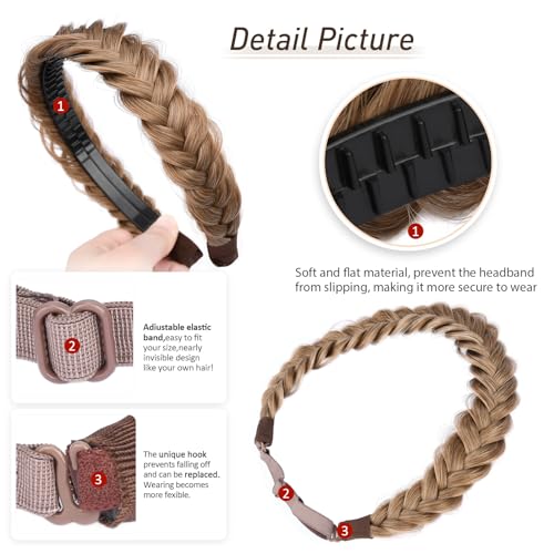 2PCs Braided Headband with teeth Handmade Messy Wide Synthetic Hair Elastic Stretch Fluffy Hairpiece for Brides (Dirty Blonde) - color: Dirty Blonde