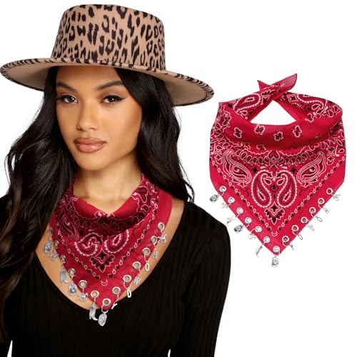 AWAYTR 100% Cotton Bandana for Cowgirl Western Cowboy Costume, 21 Inch Paisley Scarf with Grommet Western Ornaments - color: Red