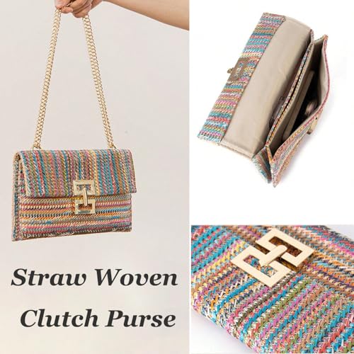 Huralona Women Straw Woven Clutch Purse Pleated Handbag for Summer Beach Vacation Straw Shoulder Crossbody Bag - color: Rainbow1