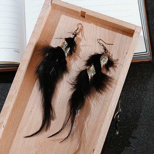 Feather Earrings for Women Bohemian Fringe Tassel Long Drop Dangle Earrings Lightweight Boho Statement earrings - color: black