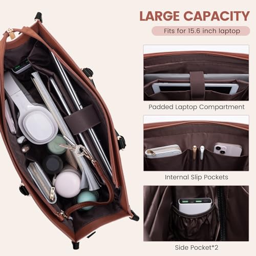 LOVEVOOK Laptop Bag for Women 15.6 lnch,Waterproof Laptops Tote Bags for Womens,Professional Work Bags for Women with Cup Holder,Large Laptop Purse Computer Briefcase Office Teacher Clutch Bag,2 PCS - color: Off-white - Black - Chestnut Brown, size: 15.6