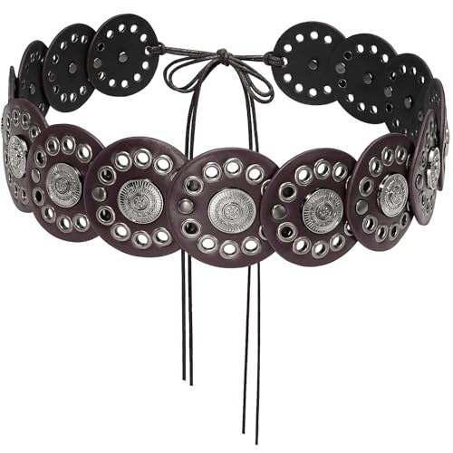 Women Western Disc Belt Boho Disk Concho Leather Belts Adjustable Knot Tie Waist Belts for Dresses - color: Coffee