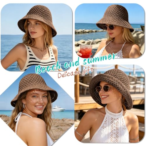 Sun Hat for Women Beach Hat Straw Bucket Hat Summer UV Protection, Packable Breathable Crochet Style - color: 1pack-coffee