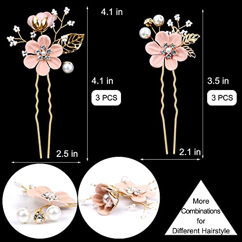 6 Pieces Bridal Flower Wedding Hair Pins Crystal Pearl Hair Pins Clips Headpiece Gold Wedding Hair Accessories Jewelry with Rhinestone for Brides Bridesmaids Women Girls Updo (Cherry Blossoms Pink) - color: Cherry Blossoms Pink