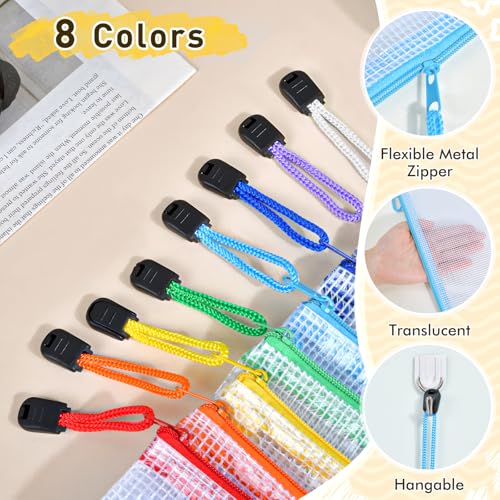 24pcs Mesh Zipper Pouch Bags, A3 Large Size 8 Colors Plastic Zipper Bags for Organizing Storage, Clear Pouches with Zipper, Waterproof Mesh Bags for School Supplies, Home Organize, Travel Storage - style: A3-24pcs