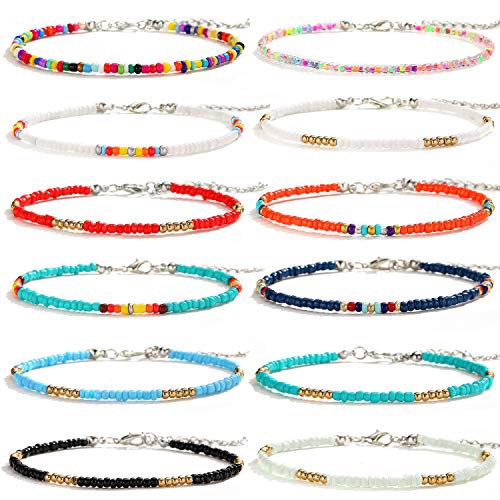 XIJIN 8Pcs Handmade Beaded Anklets for Women Boho Colorful Beads Ankle Bracelets Adjustable Foot Anklet Set - color: C