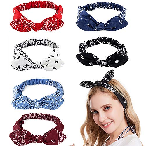 Hairband 6 Pack - Elastic Paisley Bandana Headwraps with Rabbit Ear Bow, Cotton Spandex Stretchy Headbands for Women, Hair Accessory for Hair Styling, Yoga, Jogging - 6 Colors - color: 6 Colors Rabbit Ear Headwraps