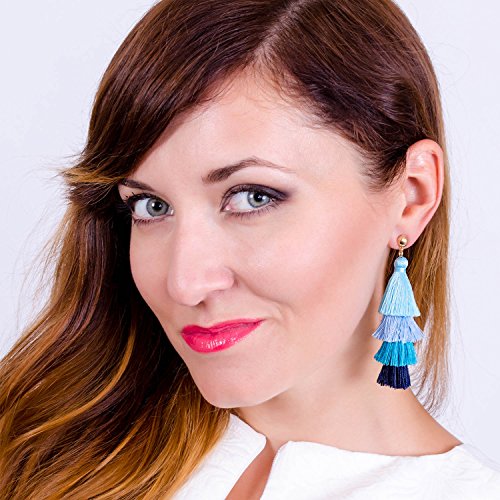 BaubleStar Tassel Earrings Handmade Tiered Thread Tassel Dangle Earrings, Multi Colors - color: Blue Ombre
