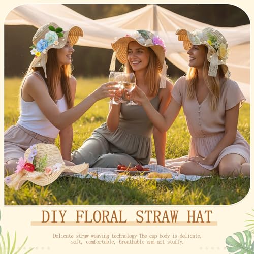 6 Sets DIY Tea Party Straw Hats Kit DIY Straw Hat for Women Blank Sun Hats - style: Boho Ribbon