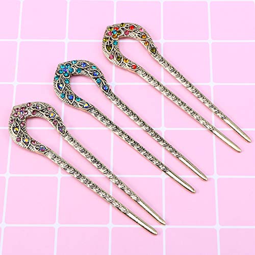 Double Prong Hair Pin U Shaped Crystal Chignon HairPin Stick Hairstyle Accessory for Women Girls(Colorful) - color: Colorful